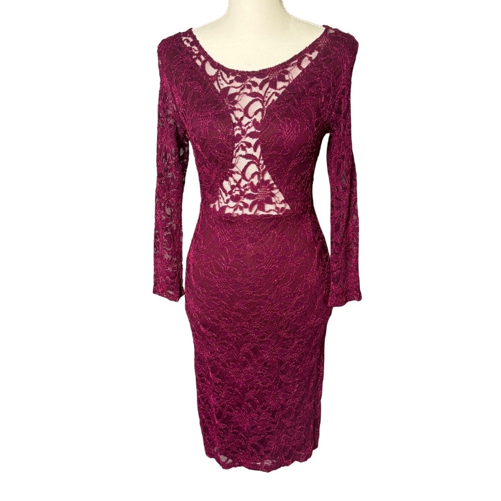 Burgundy Floral Lace Long Sleeve Bodycon Sheath Dress XS Cocktail Wedding Guest - Picture 2 of 9